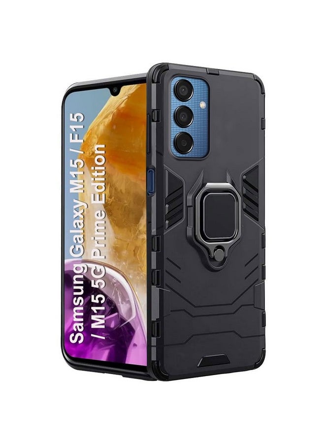 ذا جيفت كارت غطاء حماية خلفي من TheGiftKart Tough Armor Bumper لهاتف Samsung Galaxy M15 / F15 / M15 5G Prime Edition | حامل حلقي وحامل مدمج | غطاء حماية خلفي 360 درجة (PC & TPU، أسود)  - Image 1