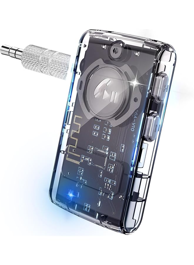 كاست ويف محول سيارة بلوتوث 5.3، مستقبل صوت لاسلكي لأجهزة الاستريو المنزلية/صوت السيارة/مكبرات الصوت/سماعات الرأس السلكية، اتصال أقوى، عمر بطارية يصل إلى 20 ساعة، مكالمات بدون استخدام اليدين، إلغاء الضوضاء (شفاف) - Image 1