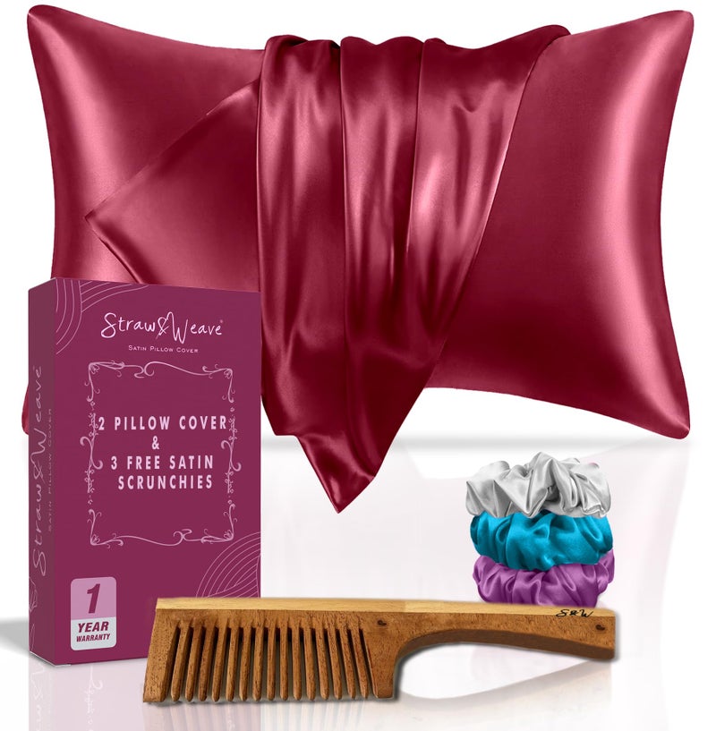 STRAW&WEAVE Solid 600 Tc Wooden Comb & Satin Hair Accessories for Women | 1 Year Warranty | with 2 Pillow Cover, 3 Scrunchies & 1 Kachi Neem Comb | Satin Silk Pillow Covers for Hair and Skin, 2 Piece - Image 1