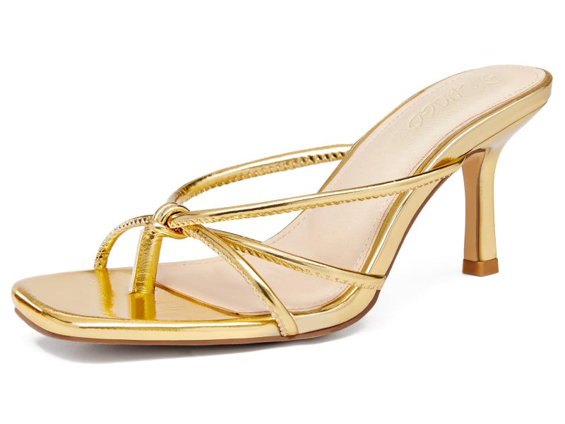 LAICIGO Women's Square Open Toe Flip Flops Stiletto Heels Strappy Thong Slide on Slingback Mules Sandals, Gold, Size 7 - Image 1