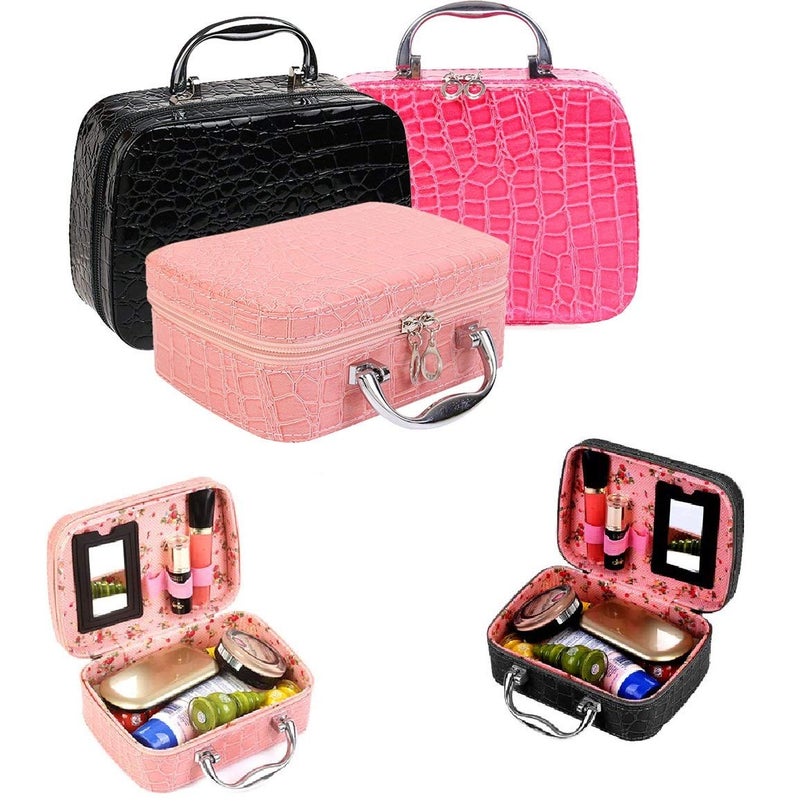 ERHETUS Latest Stylish Makeup Bag for Women | Jewellery Organizer & Cosmetic Storage Box | 20 x 13 x 7 cm Toiletry Bags with Compact Magnifying Mirror for Travel - Black - Image 3