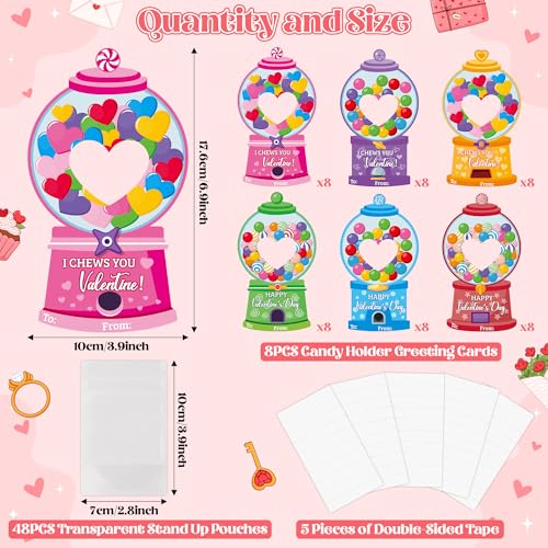 TICIAGA 48 Set Valentines Day Gumball Machine Candy Holder Greeting Card, Funny Exchange Card Bulk with Treat Bag for Kids Classroom Activities, DIY Exchange Gift for Boy Girl Valentines Party Favors - Image 2