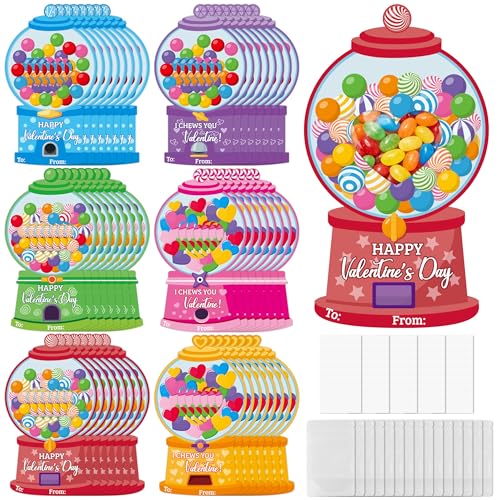 TICIAGA 48 Set Valentines Day Gumball Machine Candy Holder Greeting Card, Funny Exchange Card Bulk with Treat Bag for Kids Classroom Activities, DIY Exchange Gift for Boy Girl Valentines Party Favors - Image 1