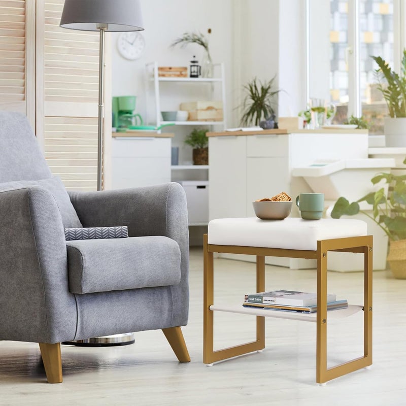 INDIAN DECOR INDIAN DECOR 48096 Vanity Stool Faux Leather Vanity Chair Stool for Dressing Table Modern Gold Metal Footstool Ottoman for Bedroom Living Room White Gold  - Image 5