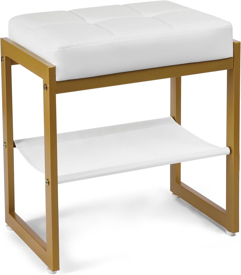 INDIAN DECOR INDIAN DECOR 48096 Vanity Stool Faux Leather Vanity Chair Stool for Dressing Table Modern Gold Metal Footstool Ottoman for Bedroom Living Room White Gold  - Image 1