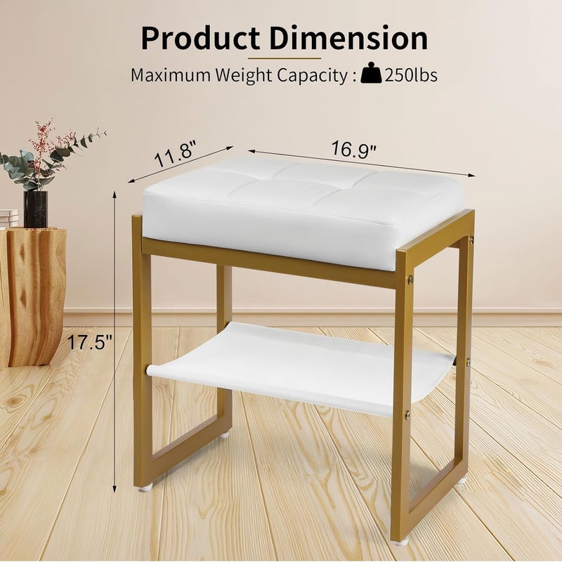 INDIAN DECOR INDIAN DECOR 48096 Vanity Stool Faux Leather Vanity Chair Stool for Dressing Table Modern Gold Metal Footstool Ottoman for Bedroom Living Room White Gold  - Image 3
