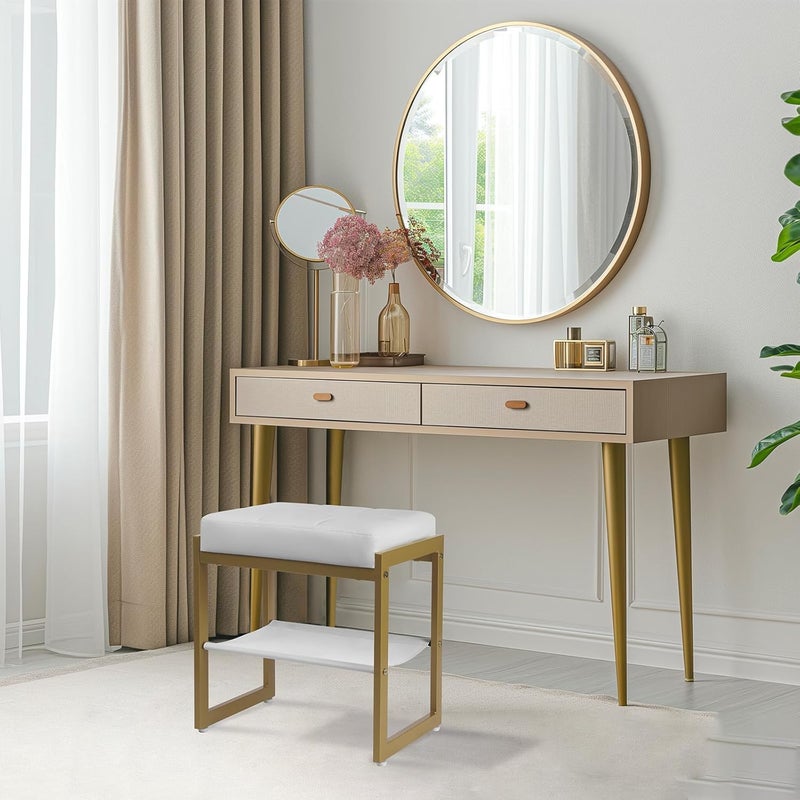 INDIAN DECOR INDIAN DECOR 48096 Vanity Stool Faux Leather Vanity Chair Stool for Dressing Table Modern Gold Metal Footstool Ottoman for Bedroom Living Room White Gold  - Image 2
