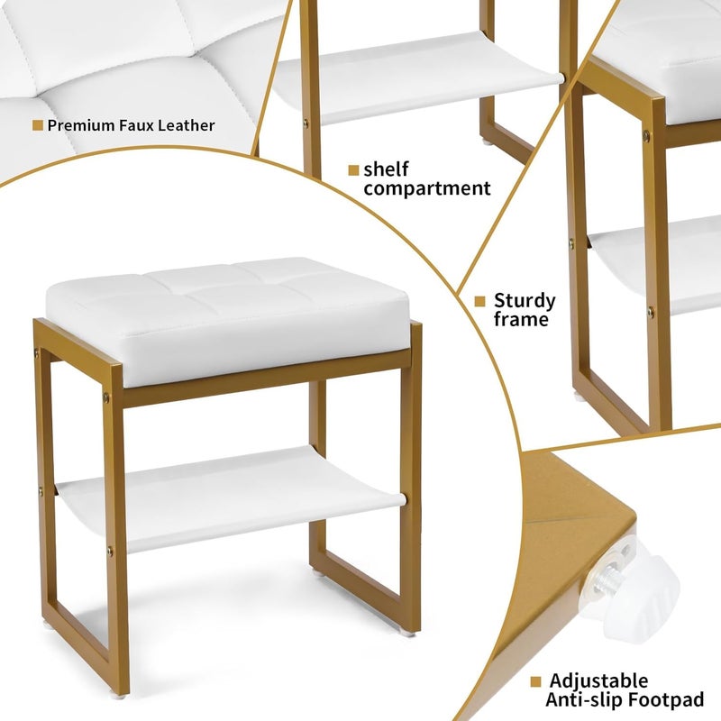INDIAN DECOR INDIAN DECOR 48096 Vanity Stool Faux Leather Vanity Chair Stool for Dressing Table Modern Gold Metal Footstool Ottoman for Bedroom Living Room White Gold  - Image 4