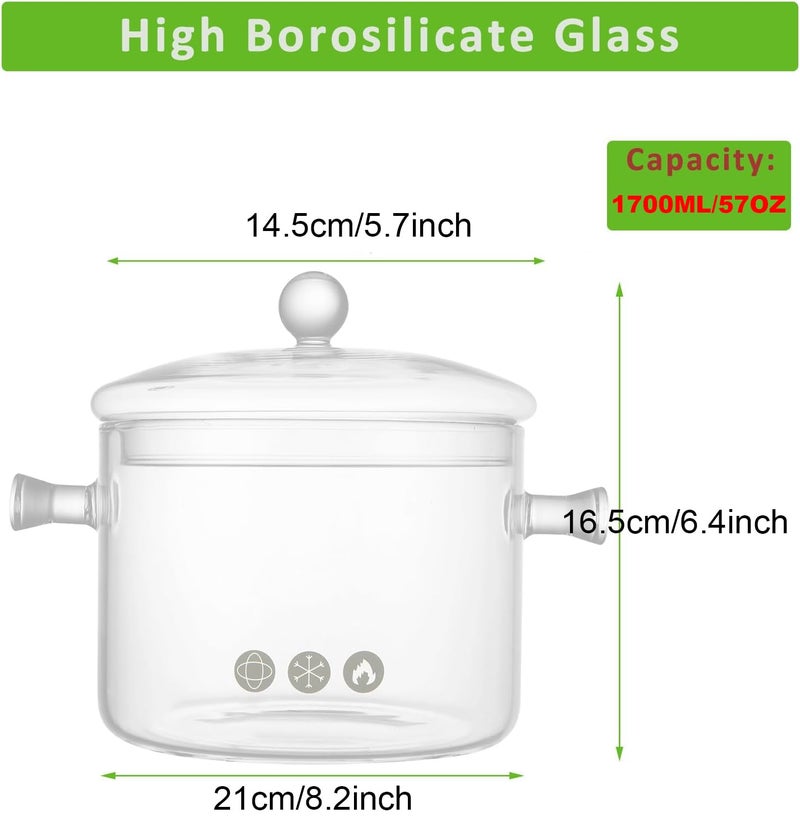 Riavzau Glass Cooking Pot, 1.7L/57oz Heat-Resistant Borosilicate Glass Saucepan with Cover, Cookware Set Stovetop Pot for Soup, Pasta,& Baby Food (57OZ) - Image 2