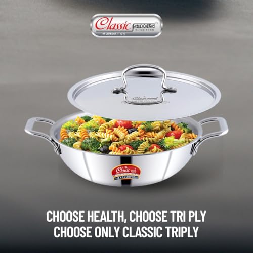 Classic Steels Triply Stainless Steel Kadai with Lid (22cm, 1.8L) | 2.5 mm Thick | Induction Bottom | Heavy Gauge Stainless Steel Cookware Kadhai | 5 Year Warranty - Image 4