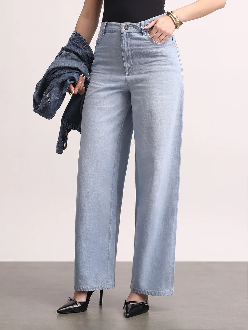 Urbano Fashion Urbano Fashion Women's Ice Blue High Rise Loose Baggy Fit Washed Jeans Non-Stretchable