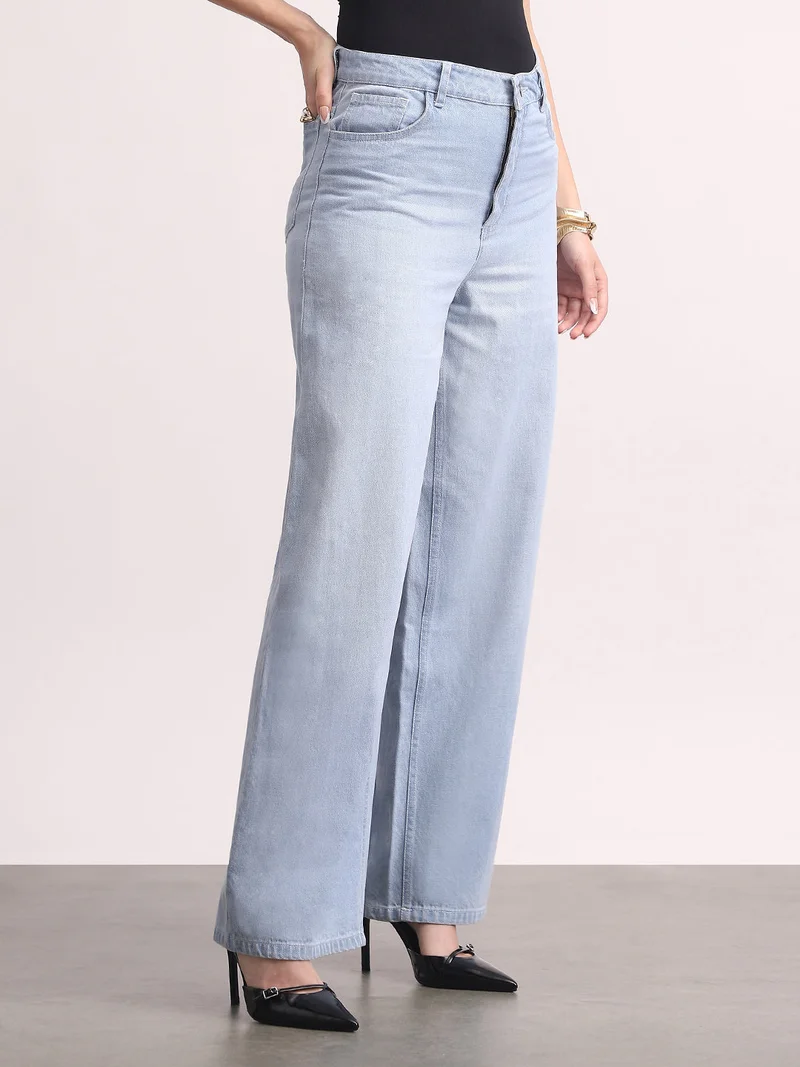 Urbano Fashion Urbano Fashion Women's Ice Blue High Rise Loose Baggy Fit Washed Jeans Non-Stretchable