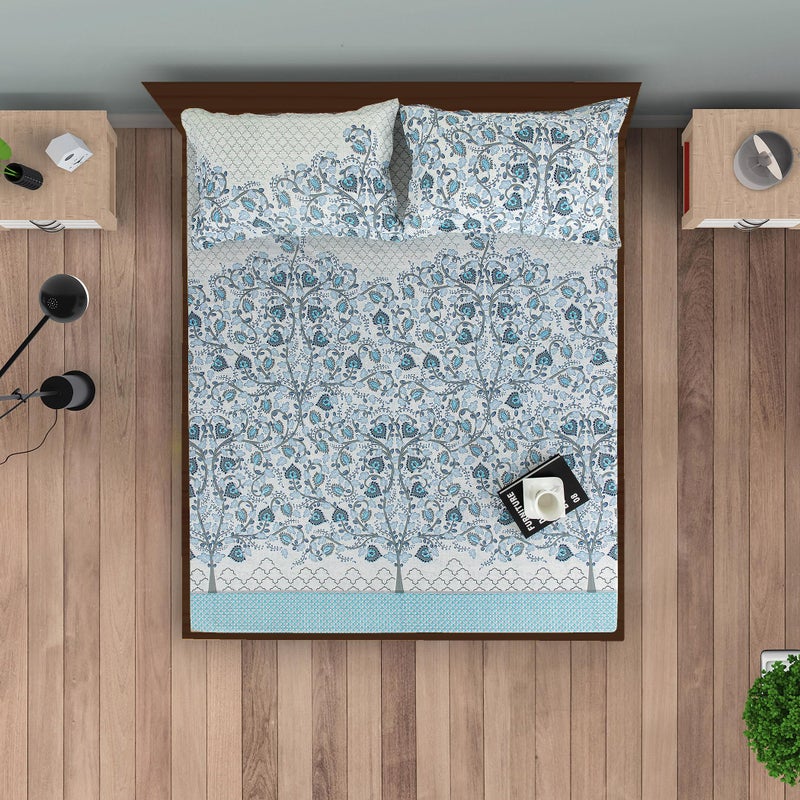 Swayam Zinnia Collection Premium Mercerized Pure Cotton 250TC Abstract Print King Bedsheet with 2 Pillow Covers - Blue - Image 4