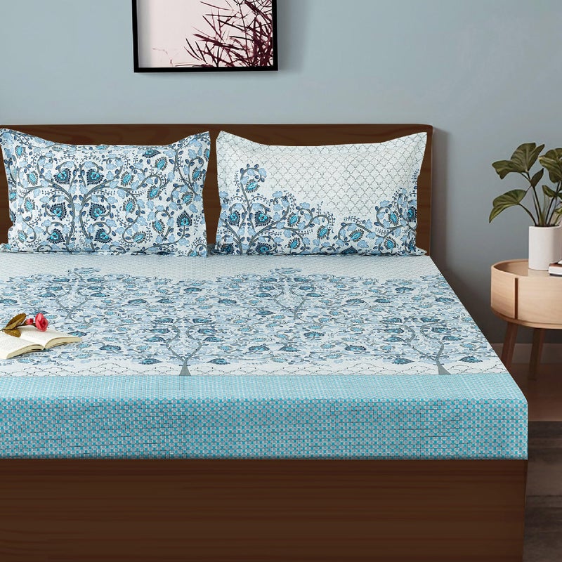 Swayam Zinnia Collection Premium Mercerized Pure Cotton 250TC Abstract Print King Bedsheet with 2 Pillow Covers - Blue - Image 2