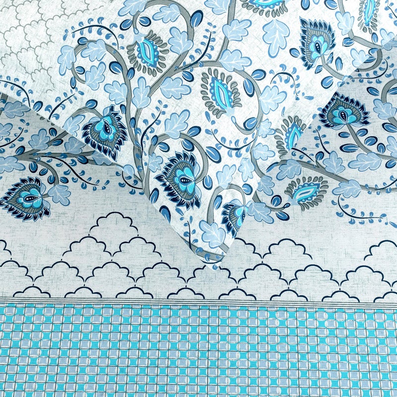 Swayam Zinnia Collection Premium Mercerized Pure Cotton 250TC Abstract Print King Bedsheet with 2 Pillow Covers - Blue - Image 3