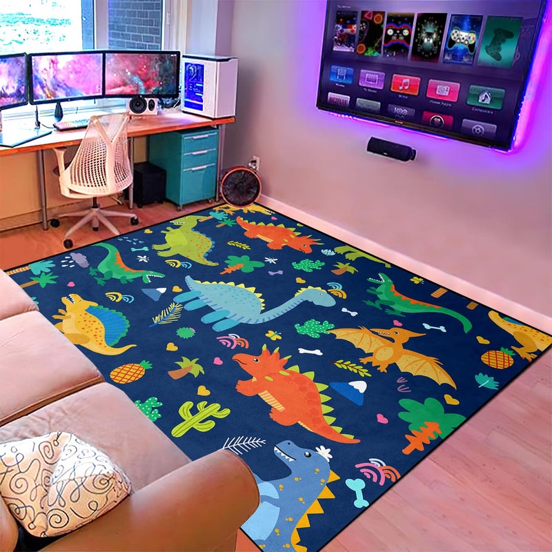 Kossmjx Cartoon Dinosaur Area Rugs Lovely Dinosaur Carpet Rugs for Boys Kids Blue Cute Animal Patterns Carpet Dinosaurs Rug for Boys Bedroom Living Dinning Room Bedroom Kitchen Playing Room, 2'Ã—3' - Image 4