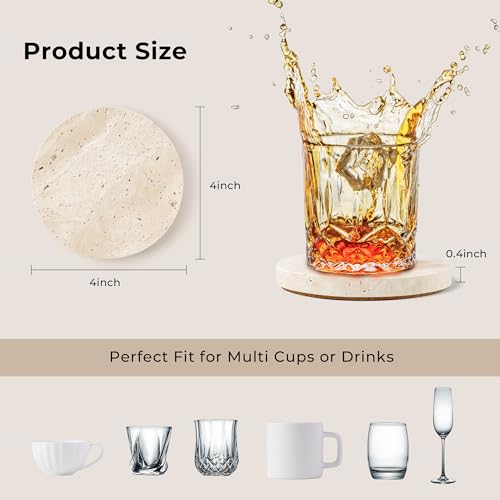 WORHE Natural Travertine Marble Coasters Set of 4-4" Round Stone Drink Coasters, Non-Slip Cork Backing, Housewarming Gift, Wedding, Protect Tables from Stains & Scratches (BD140) - Image 4
