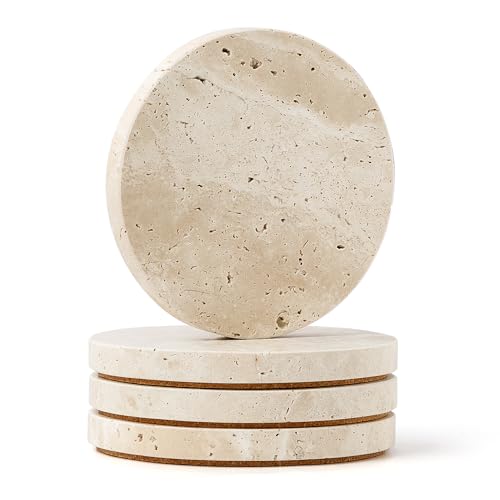 WORHE Natural Travertine Marble Coasters Set of 4-4" Round Stone Drink Coasters, Non-Slip Cork Backing, Housewarming Gift, Wedding, Protect Tables from Stains & Scratches (BD140) - Image 1
