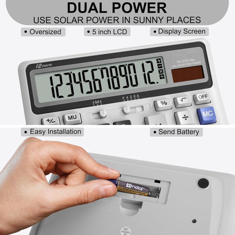 Desk Calculator 12 Digit with Big Buttons, Desktop Dual Power Calculator with Large Display for Office, School, Home - Image 4