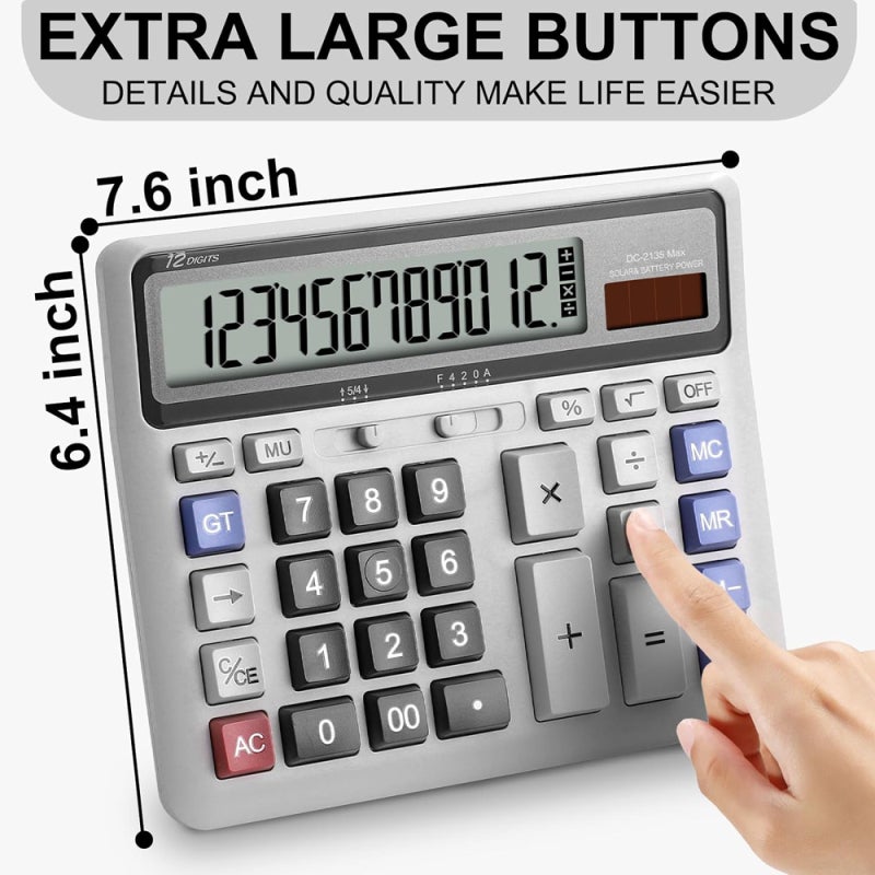 Desk Calculator 12 Digit with Big Buttons, Desktop Dual Power Calculator with Large Display for Office, School, Home - Image 3