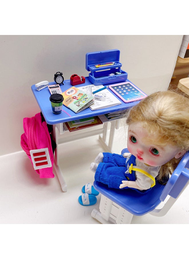 Mini Small Desk Desk Miniature Food Play Simulation Small Book Textbook Stationery Pencil Box Study Table-Color:Desktop + Chair (grey)  - Image 2