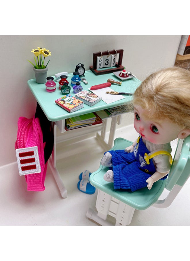Mini Small Desk Desk Miniature Food Play Simulation Small Book Textbook Stationery Pencil Box Study Table-Color:Desktop + Chair (grey)  - Image 3