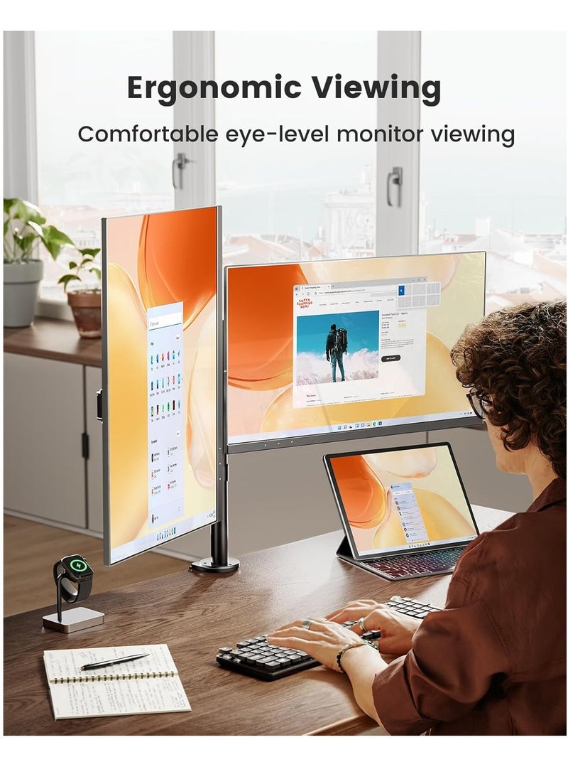 Dual Monitor Mount for 15" to 30" Screens, Dual Monitor Arm with Comfortable Viewing Angle, Dual Monitor Mount - Tilt & Adjustable ±45° / Swivel 180° / Swivel 360° / VESA 75/100mm