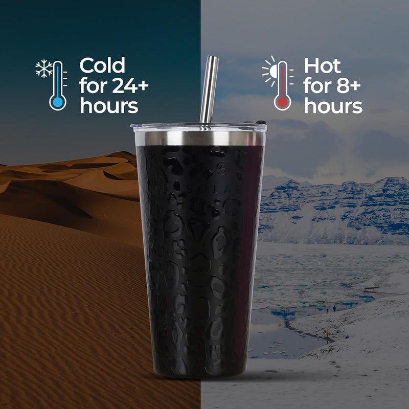 SOLARA Tumbler with lid and Straw 475ml, Double Wall Insulated Stainless Steel Coffee Tumbler, Travel Mug with Lid, Hot and Cold Coffee Mug with lid for Office, Home and Travel -Black Leopard - Image 3