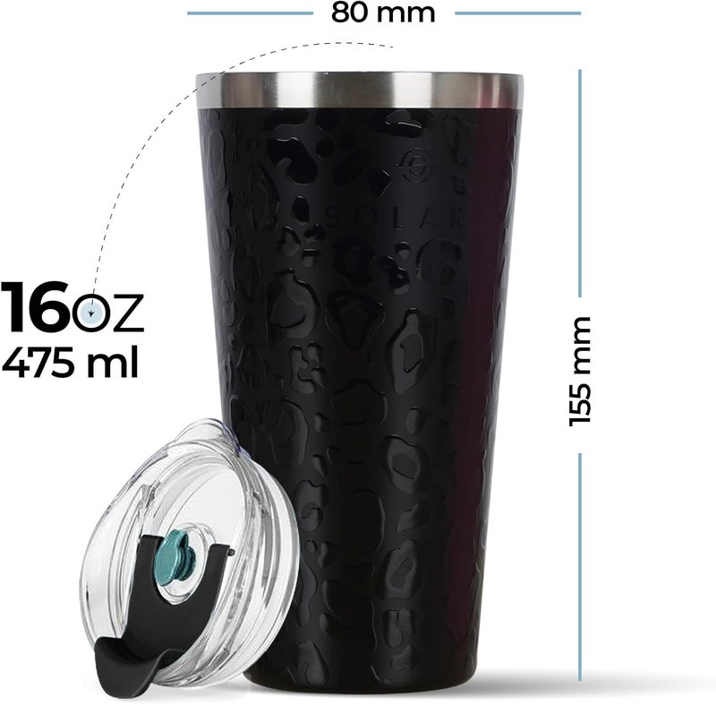 SOLARA Tumbler with lid and Straw 475ml, Double Wall Insulated Stainless Steel Coffee Tumbler, Travel Mug with Lid, Hot and Cold Coffee Mug with lid for Office, Home and Travel -Black Leopard - Image 4