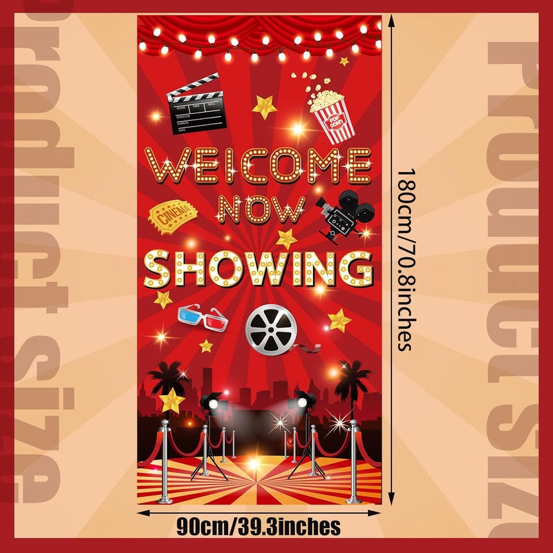 Moukeren Movie Night Party Door Cover Sign Theater Supplies Welcome Now Showing Movie Night Party Backdrop for Wedding Theater Birthday Accessory 71 x 354 Inches - Image 2