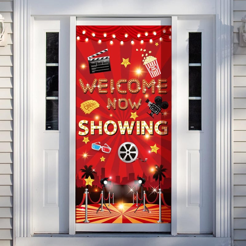 Moukeren Movie Night Party Door Cover Sign Theater Supplies Welcome Now Showing Movie Night Party Backdrop for Wedding Theater Birthday Accessory 71 x 354 Inches - Image 1