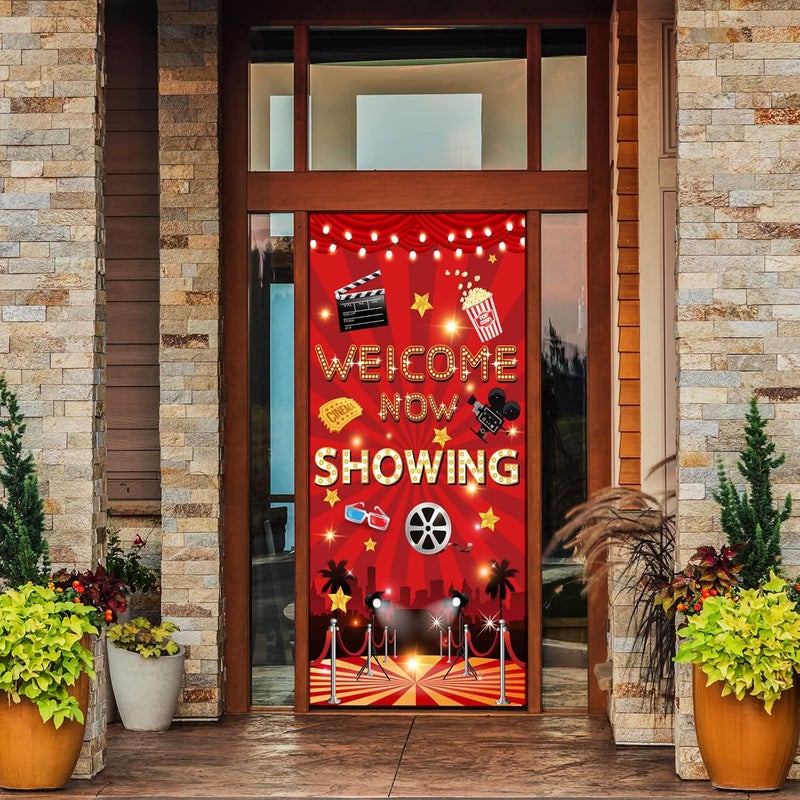 Moukeren Movie Night Party Door Cover Sign Theater Supplies Welcome Now Showing Movie Night Party Backdrop for Wedding Theater Birthday Accessory 71 x 354 Inches - Image 4
