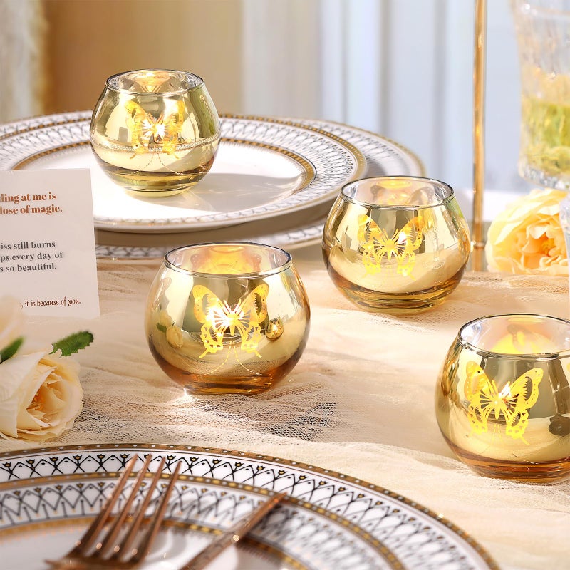 Lanttu Gold Votive Candle Holders Set, 12 PCS Tea Lights Candle Holder Decorative Bulk with Butterfly Pattern, Candle Holders for Wedding, Birthday, Anniversary, Parties, and Holiday Decorations - Image 5