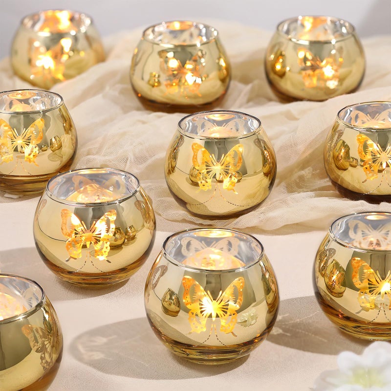 Lanttu Gold Votive Candle Holders Set, 12 PCS Tea Lights Candle Holder Decorative Bulk with Butterfly Pattern, Candle Holders for Wedding, Birthday, Anniversary, Parties, and Holiday Decorations - Image 1