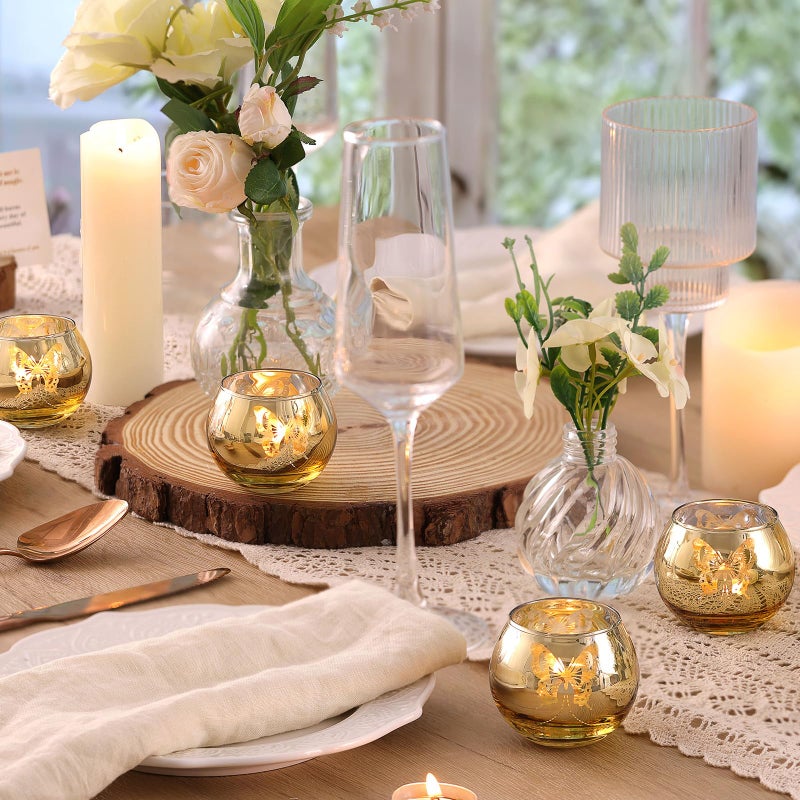 Lanttu Gold Votive Candle Holders Set, 12 PCS Tea Lights Candle Holder Decorative Bulk with Butterfly Pattern, Candle Holders for Wedding, Birthday, Anniversary, Parties, and Holiday Decorations - Image 2