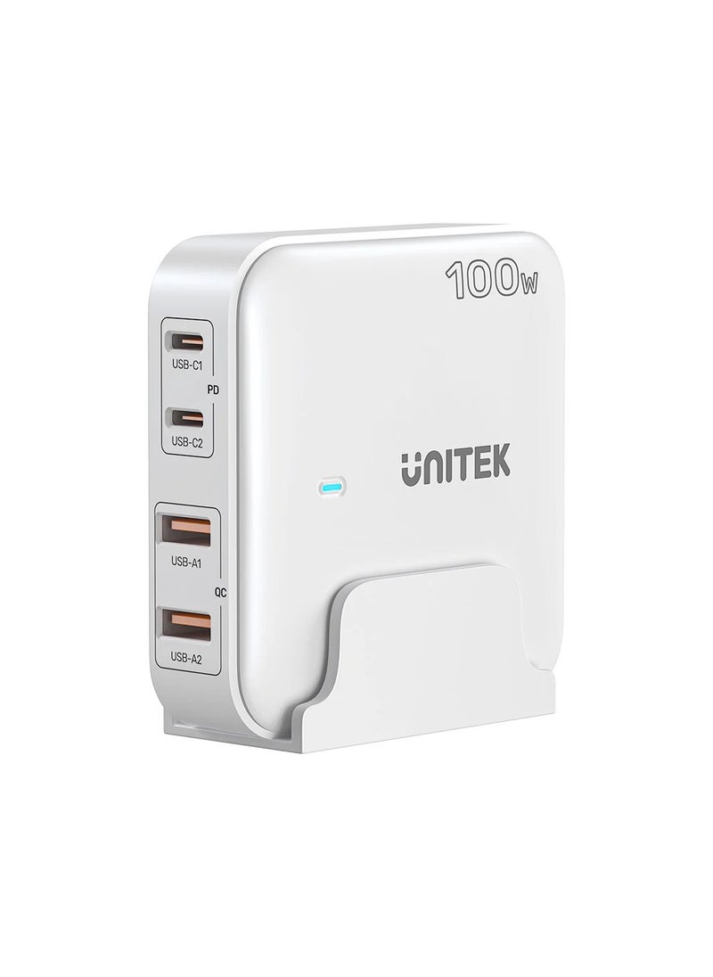 UNITEK محطة شحن Unitek P1229AWH رفيعة ومدمجة بقوة 100 وات (شاحن GaN سطح المكتب 4 في 1 (2*USB-C PD + 2*USB-A QC3.0)، مع سلك طاقة 1.5 متر.  - Image 1
