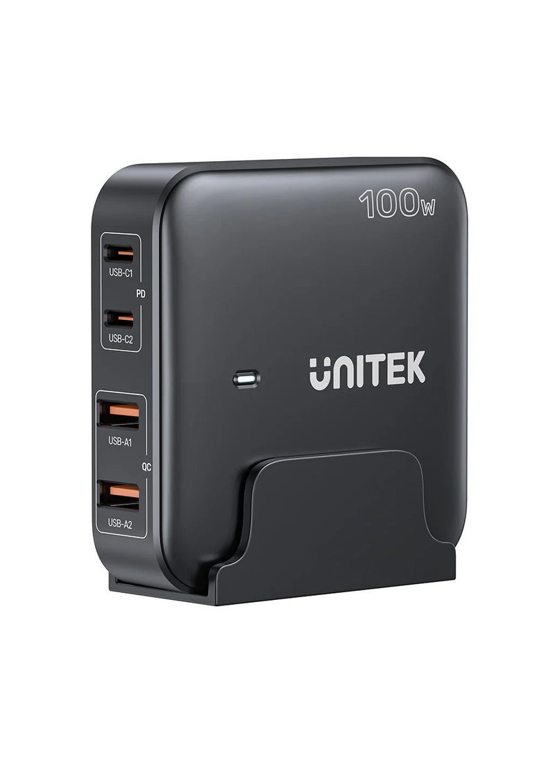 UNITEK محطة شحن Unitek P1229AWH رفيعة ومدمجة بقوة 100 وات (شاحن GaN سطح المكتب 4 في 1 (2*USB-C PD + 2*USB-A QC3.0)، مع سلك طاقة 1.5 متر.  - Image 4