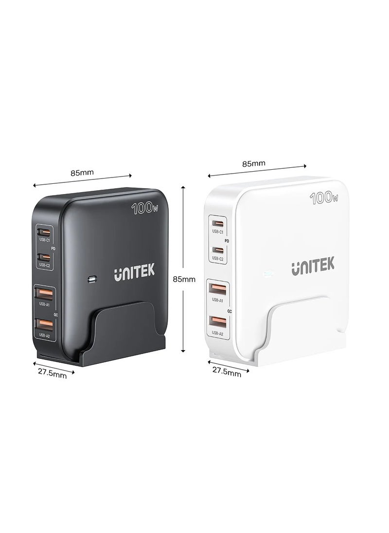UNITEK - Unitek P1229AWH Slim Compact Charging Station 100W ( 4-in-1 Desktop GaN Charger (2*USB-C PD + 2*USB-A QC3.0), with 1.5M Power Cord. - Image 1