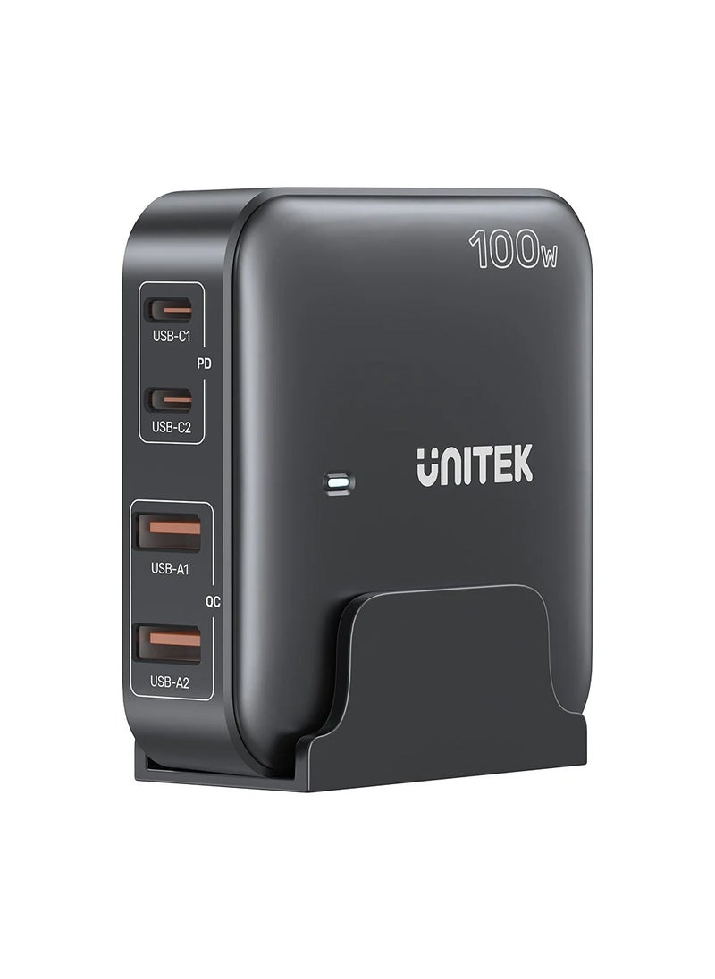 UNITEK محطة شحن Unitek P1229AWH رفيعة ومدمجة بقوة 100 وات (شاحن GaN سطح المكتب 4 في 1 (2*USB-C PD + 2*USB-A QC3.0)، مع سلك طاقة 1.5 متر.  - Image 3