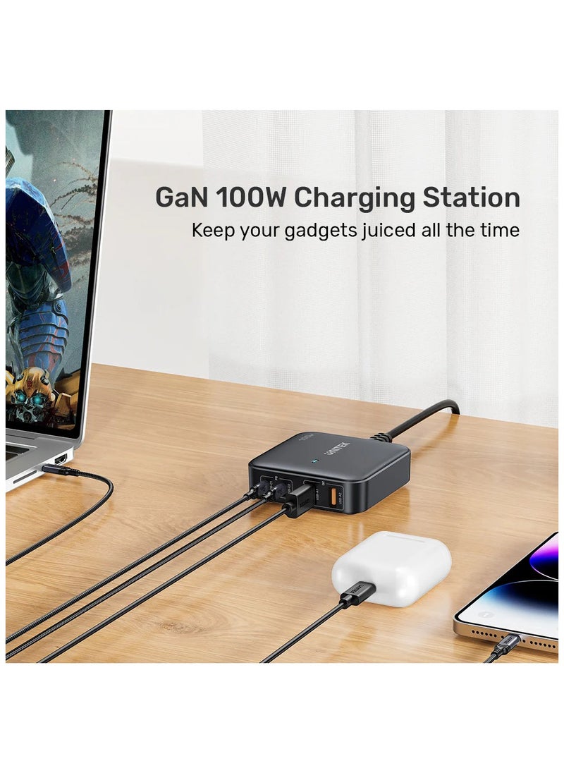 UNITEK محطة شحن Unitek P1229AWH رفيعة ومدمجة بقوة 100 وات (شاحن GaN سطح المكتب 4 في 1 (2*USB-C PD + 2*USB-A QC3.0)، مع سلك طاقة 1.5 متر.  - Image 2