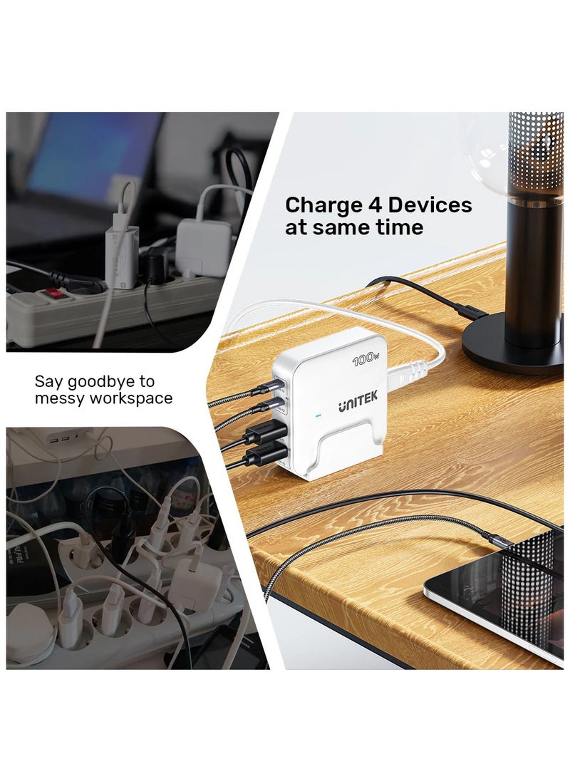 UNITEK - Unitek P1229AWH Slim Compact Charging Station 100W ( 4-in-1 Desktop GaN Charger (2*USB-C PD + 2*USB-A QC3.0), with 1.5M Power Cord. - Image 1