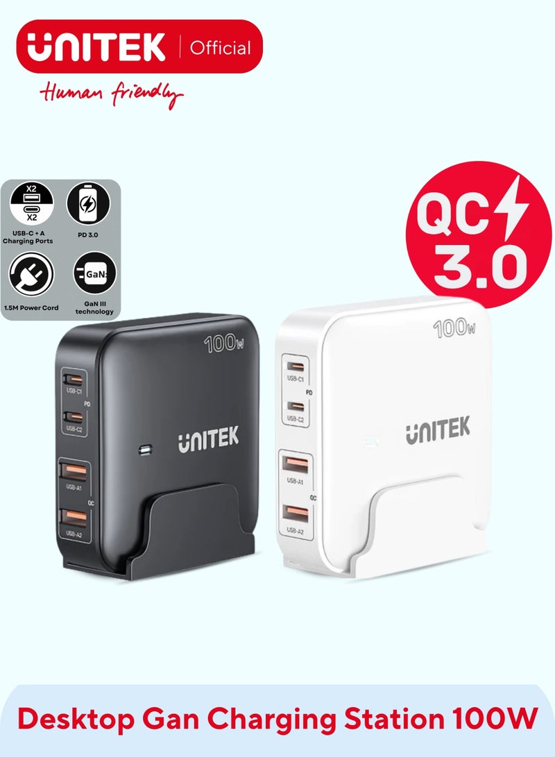 UNITEK Unitek P1229AWH Slim Compact Charging Station 100W ( 4-in-1 Desktop GaN Charger (2*USB-C PD + 2*USB-A QC3.0), with 1.5M Power Cord.  - Image 1