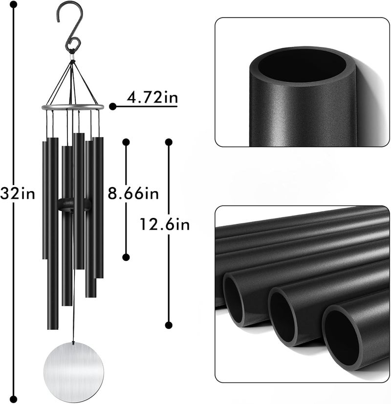 Litu Wind Chimes for Outside, 32-inch Aluminum Deep Tone Wind Chimes, Memorial Wind Chimes Outdoor, Memorial Gifts for Parents, Suitable for Garden Decoration, Patio, Backyard (Black) - Image 2