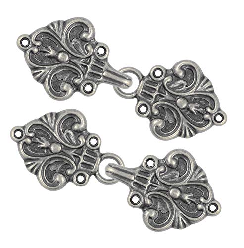 Bezelry 4 Pairs Fleur De Lis Cape or Cloak Clasp Fasteners. 70mm x 26mm. Fastened. Sew On Hooks and Eyes Cardigan Clip (Gray Silver) - Image 1