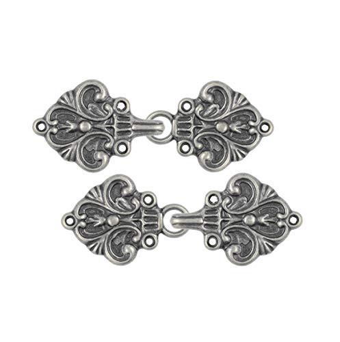 Bezelry 4 Pairs Fleur De Lis Cape or Cloak Clasp Fasteners. 70mm x 26mm. Fastened. Sew On Hooks and Eyes Cardigan Clip (Gray Silver) - Image 4