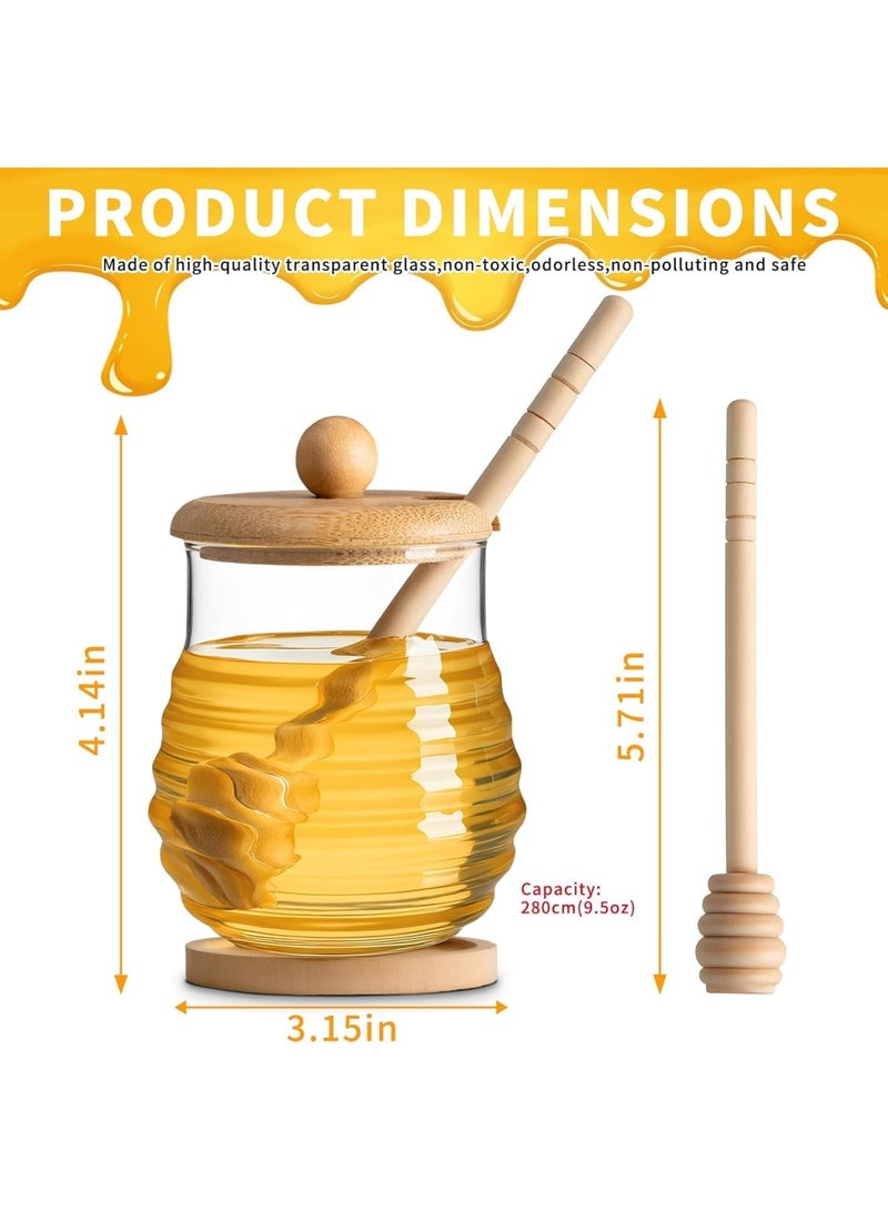 SYOSI Glass Honey Jar, Heat Resistant Honey Pot with Wooden Lid Dipper and Coaster, Wide Mouth Glass Syrup Dispenser for Kitchen Storage, Clear 9.5OZ Honey Container for Home Tea Breakfast Use - Image 2