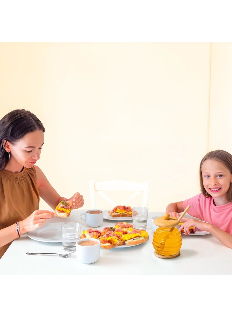 SYOSI Glass Honey Jar, Heat Resistant Honey Pot with Wooden Lid Dipper and Coaster, Wide Mouth Glass Syrup Dispenser for Kitchen Storage, Clear 9.5OZ Honey Container for Home Tea Breakfast Use - Image 5