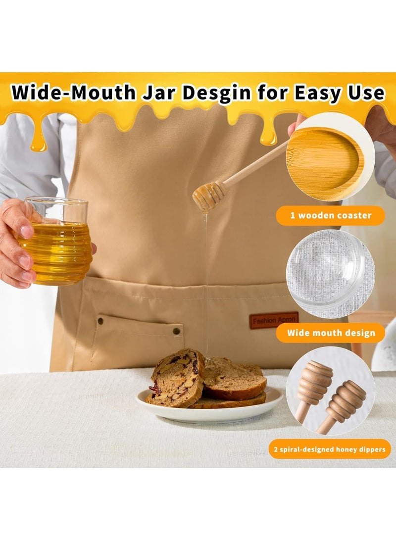 SYOSI Glass Honey Jar, Heat Resistant Honey Pot with Wooden Lid Dipper and Coaster, Wide Mouth Glass Syrup Dispenser for Kitchen Storage, Clear 9.5OZ Honey Container for Home Tea Breakfast Use - Image 3
