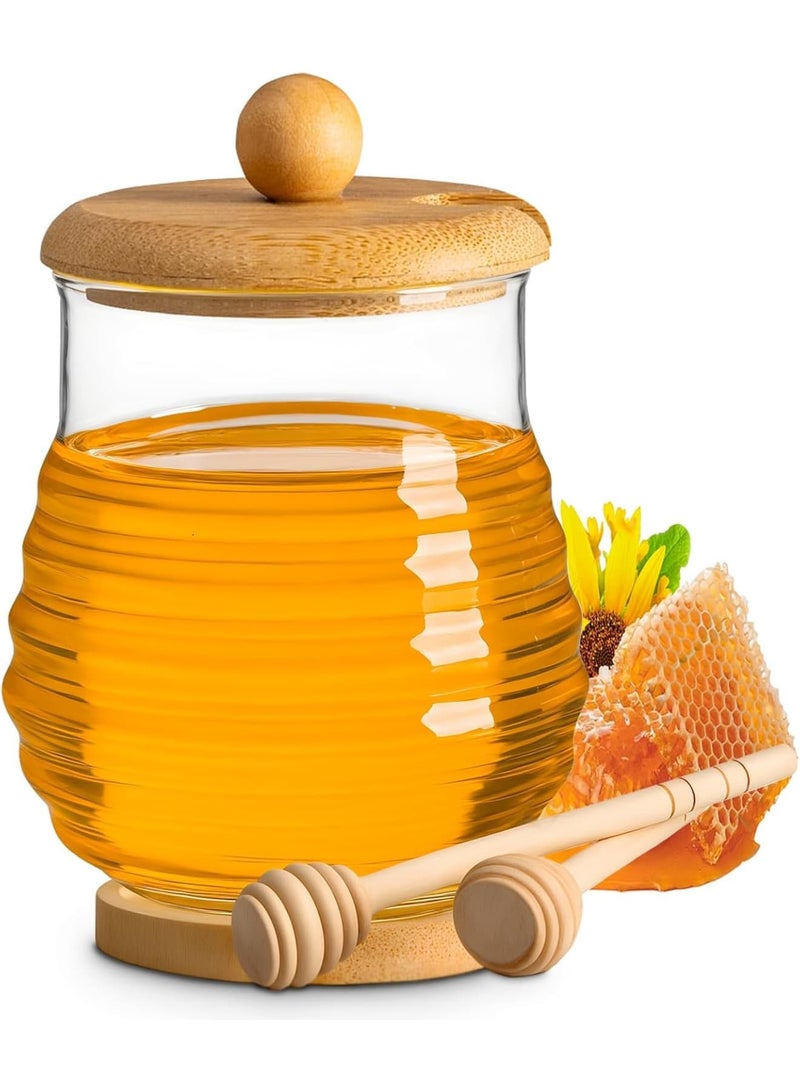 SYOSI Glass Honey Jar, Heat Resistant Honey Pot with Wooden Lid Dipper and Coaster, Wide Mouth Glass Syrup Dispenser for Kitchen Storage, Clear 9.5OZ Honey Container for Home Tea Breakfast Use - Image 1
