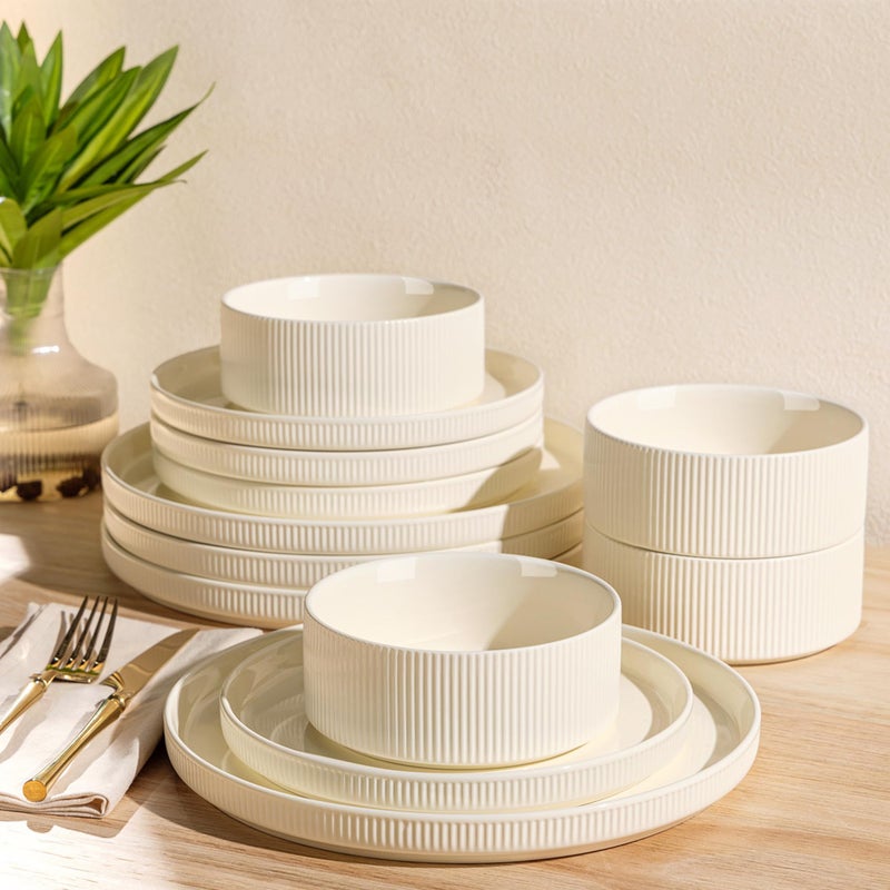 TheTerra Ceramic Dinnerware Sets with Pasta Bowls for 4, 16 Pieces Porcelain Lightweight Speckled Plates and Bowls Sets, Scratch Resistant Dish Set, Oven & Microwave & Dishwasher Safe, Beige - Image 1